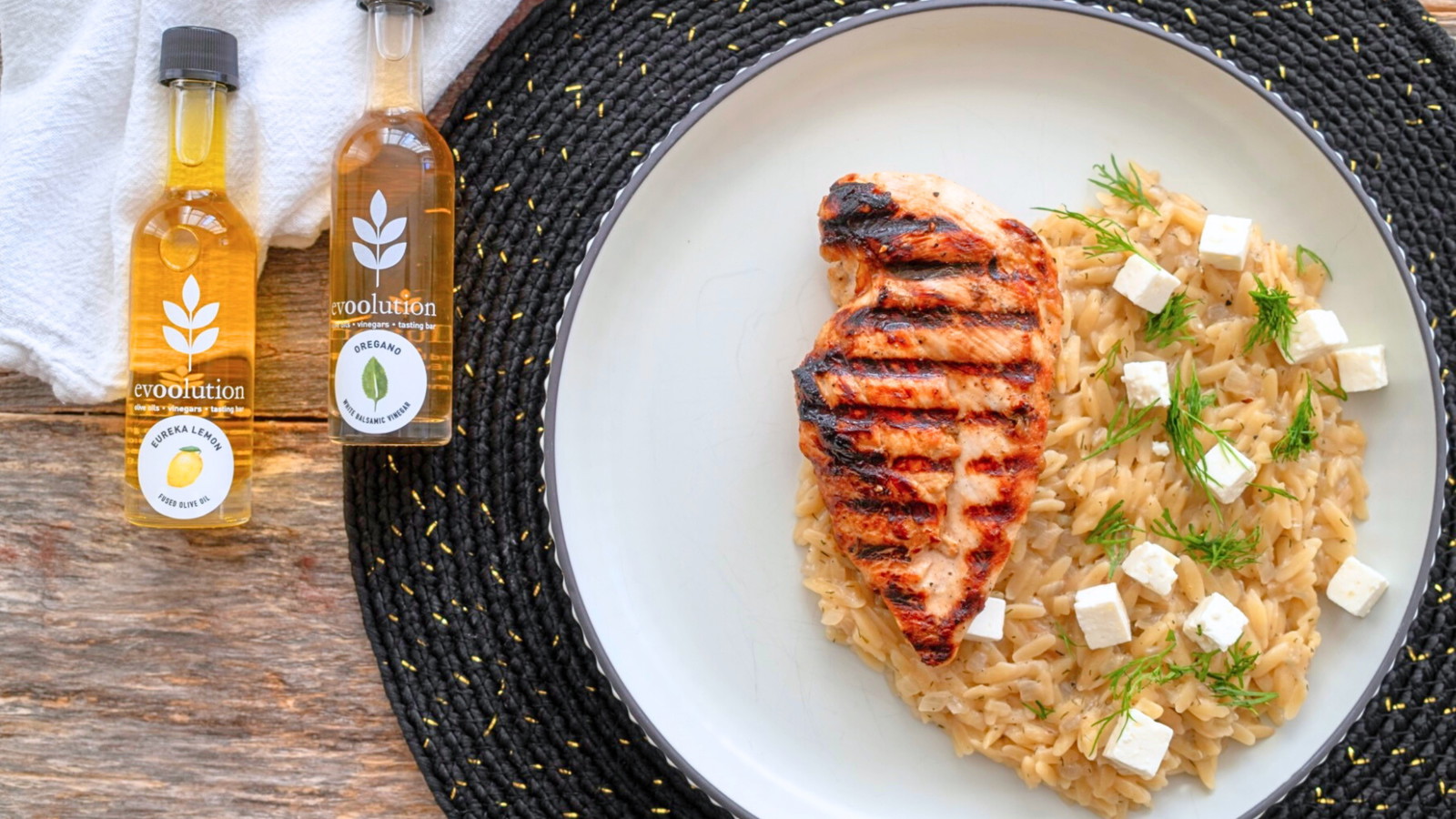 Image of Greek Chicken & Orzo with Eureka Lemon Olive Oil and Oregano Balsamic