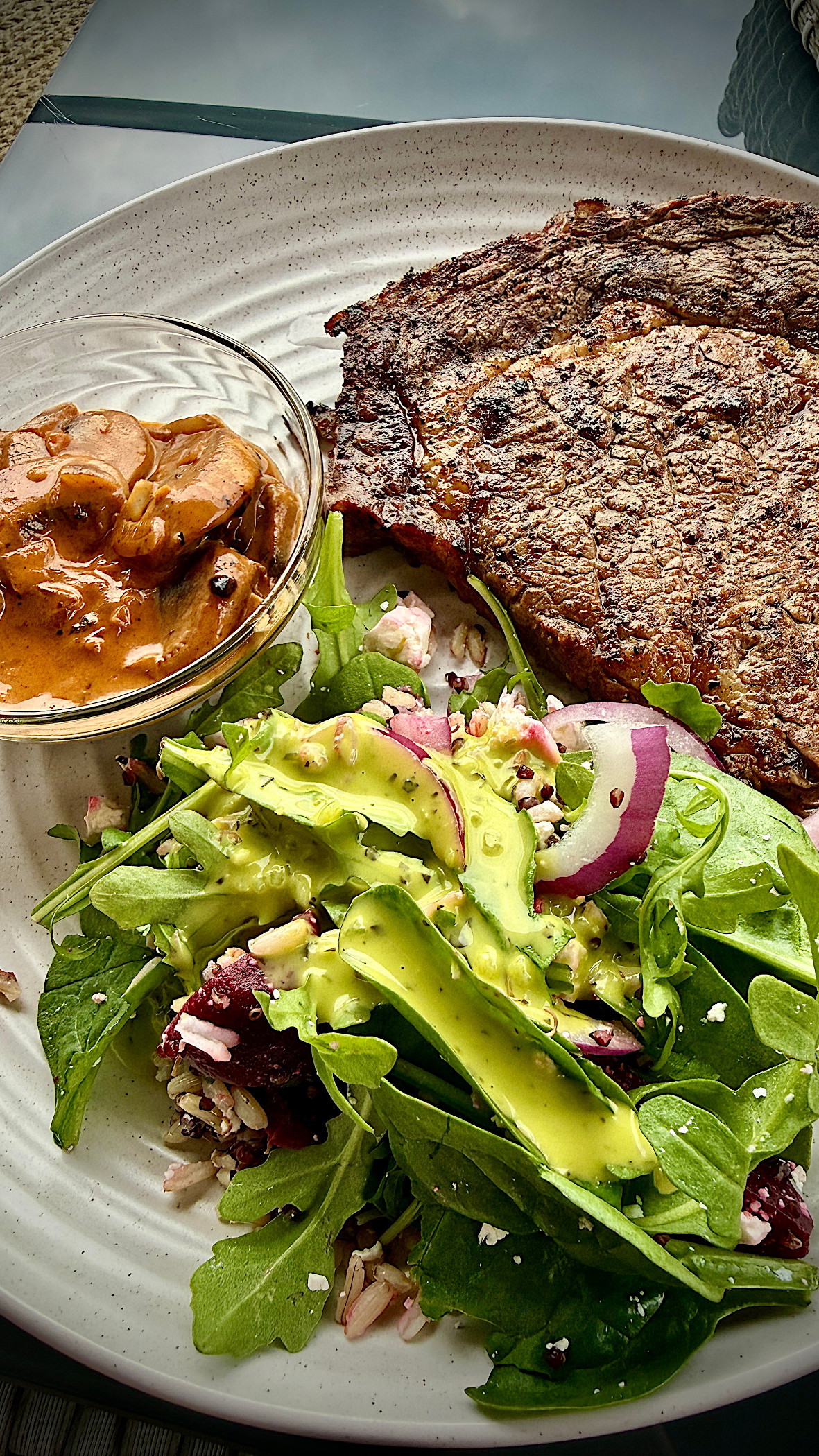 BBQ Steak, Creamy Mushroom Sauce and Beetroot Quinoa Salad