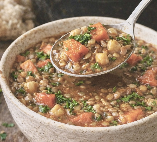 Image of Slow Cooker Lentil Soup with Sweet Potato & Chickpeas
