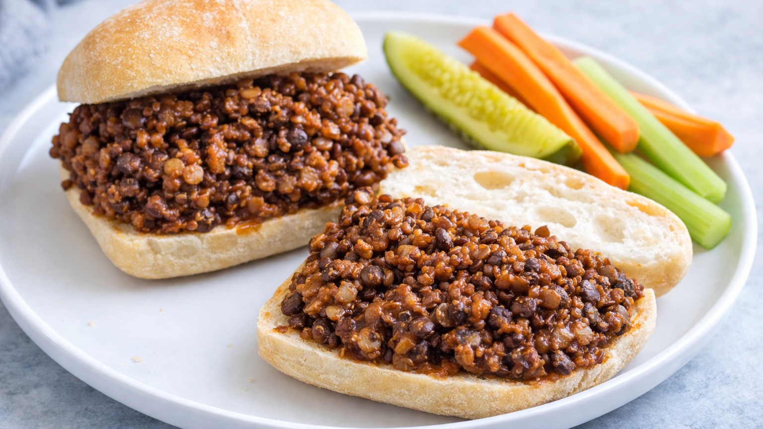 Gluten-free barbecue lentil sliders on ciabatta-style rolls with lentil quinoa filling, served with carrot sticks, celery sticks, and a dill pickle spear on a white plate
