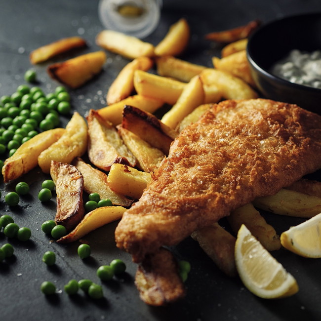 Image of crispy beer battered cod with mustard-dill potatoes