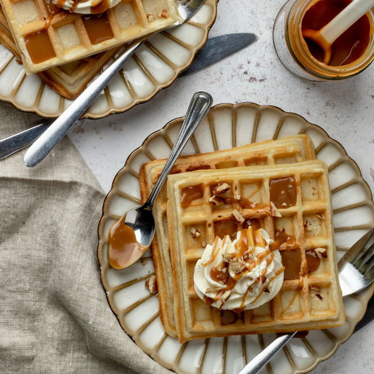 Image of Serve the waffles warm with dollops of whipped cream, salted...