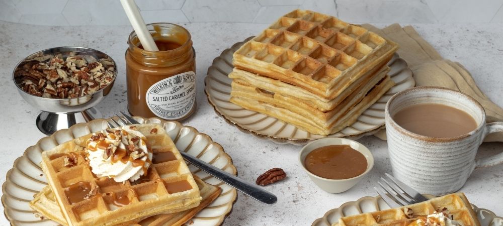 Waffles with Salted Caramel and Toasted Pecans