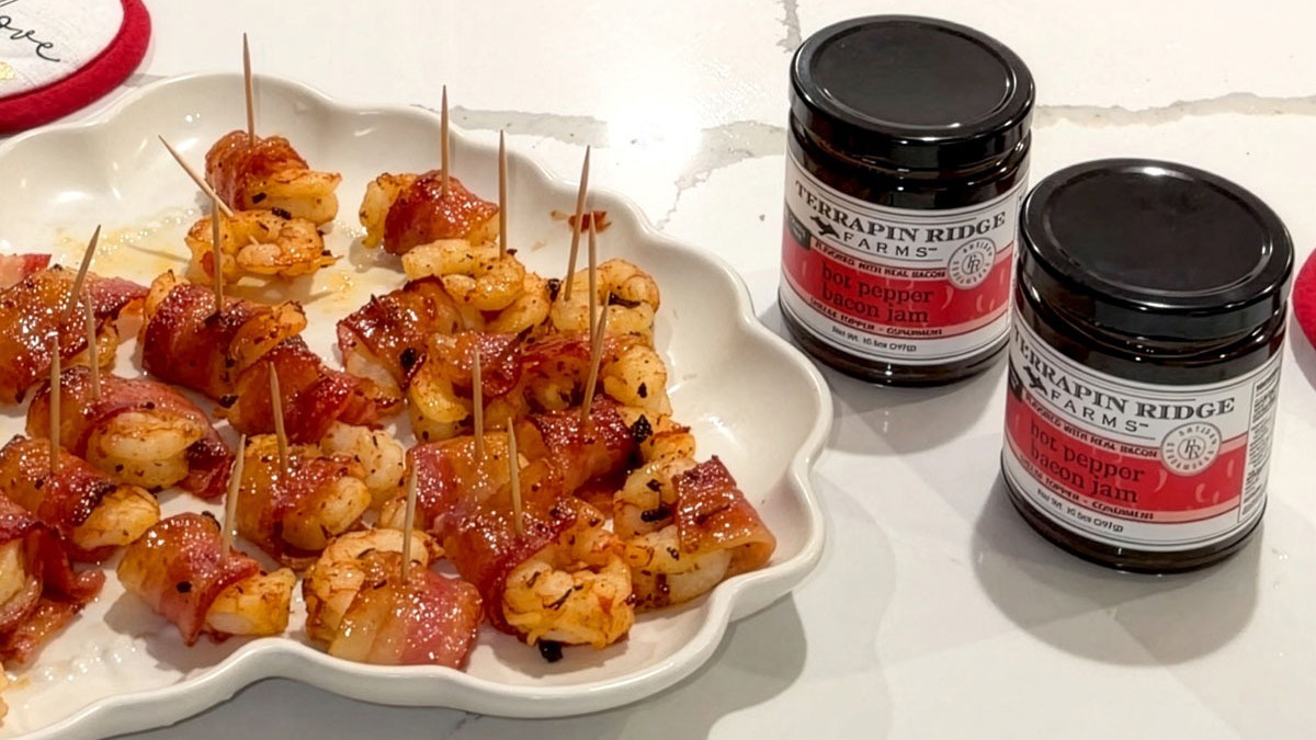 Image of Hot Pepper Bacon Jam Glazed Bacon Wrapped  Shrimp