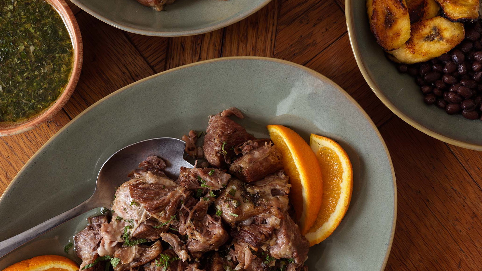 Cuban-Inspired Mojo Pork Collar with Rice, Beans & Plantains