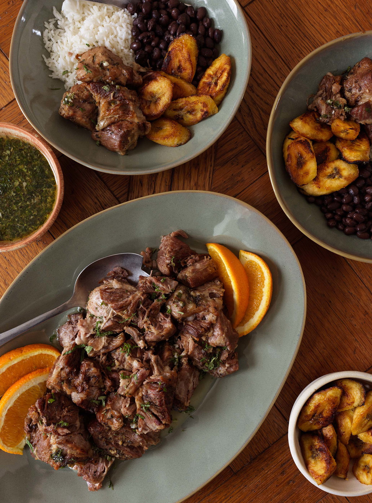 Cuban-Inspired Mojo Pork Collar with Rice, Beans & Plantains