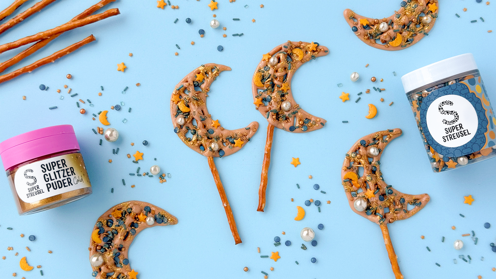 Ramadan Monde am Stiel aus Salzstangen mit SuperDrip Salted Caramel, StreuselMix EidMubarak und goldener Glitzerdeko.