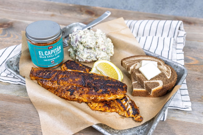 blackened walleye recipe, pan seared walleye, El Capitan Chili Citrus Taco Rub, PS Seasoning fish recipe, cast iron blackened fish, freshwater fish dinner, chili citrus seafood seasoning