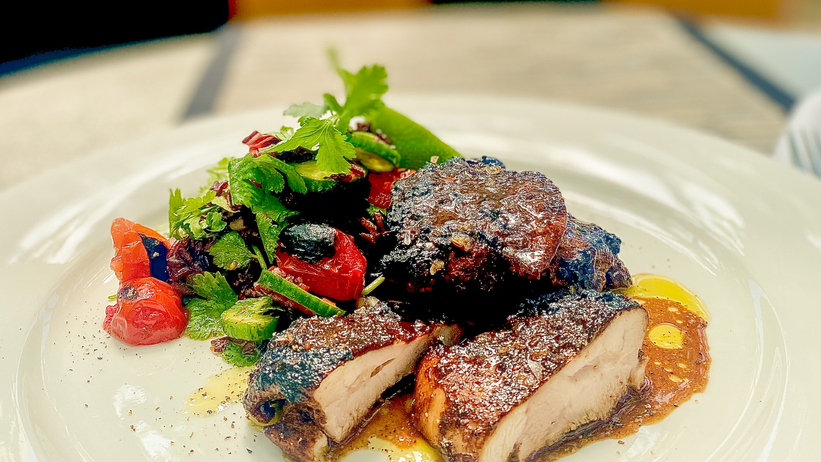 Image of Jamaican Jerk Chicken Thighs with Charred Tomato Black Rice Salsa