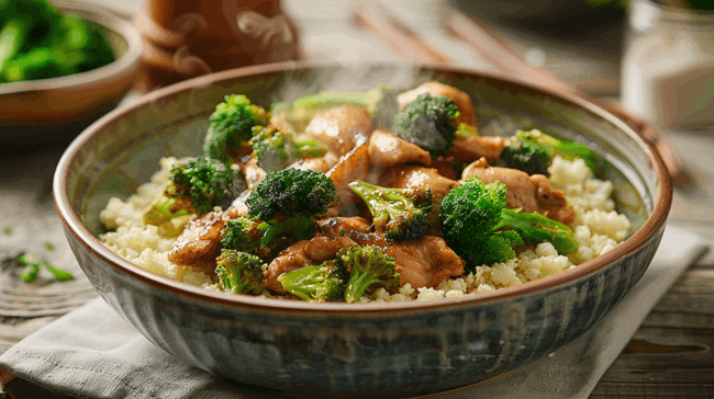 Koolhydraatarme roergebakken kip met broccoli en bloemkoolrijst