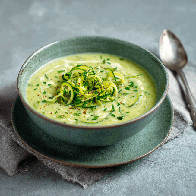 Romige courgettecrèmesoep met verse kruiden en courgettelinten