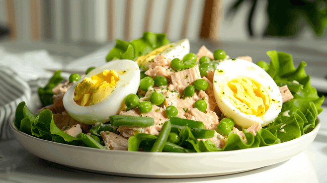Salade met ei, tonijn en sperziebonen op een bedje van sla