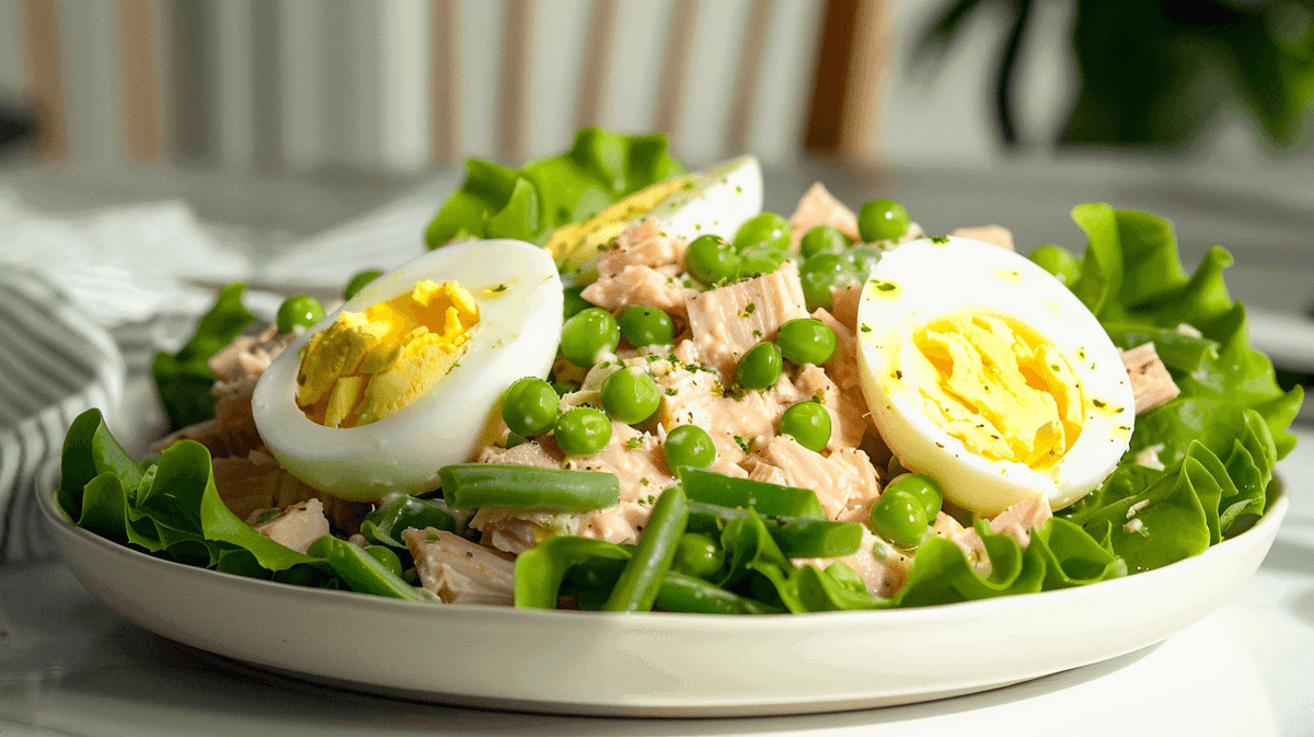 Eiwitrijke salade met ei, tonijn en sperziebonen