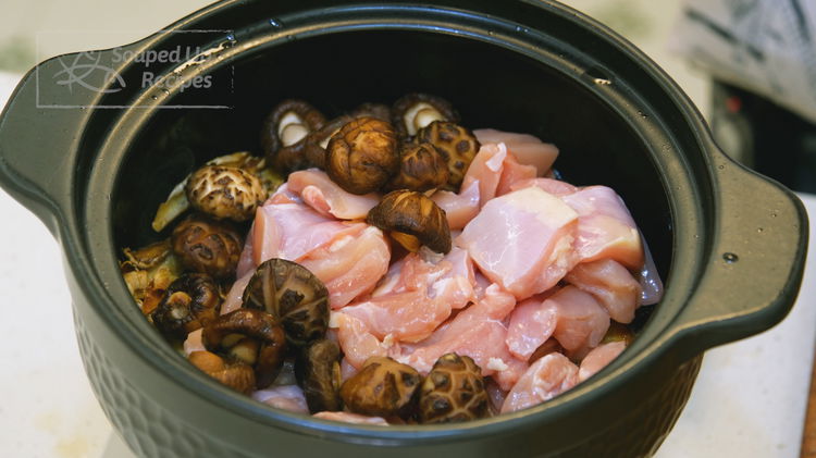 Image of Add the chicken and soaked shiitake mushrooms and reserve the...