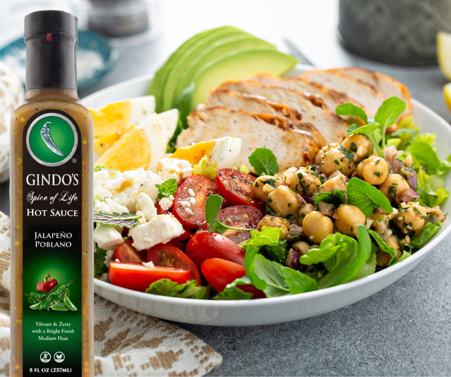 Mediterranean Chicken Salad with Jalapeno Poblano Hot Sauce