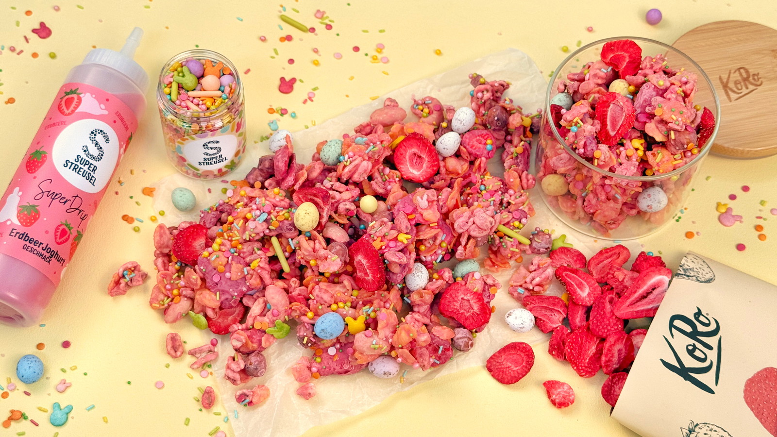 Erdbeer Crunch mit SuperDrip Erdbeer Joghurt, StreuselMix MeinNameIstHase und SchokoEiern als Oster Snack.