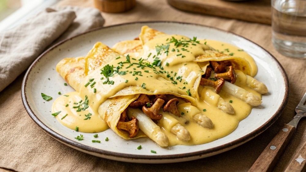 Image of Frühlings-Pfannkuchen mit Spargel, Pfifferlingen & Sauce Hollandaise 