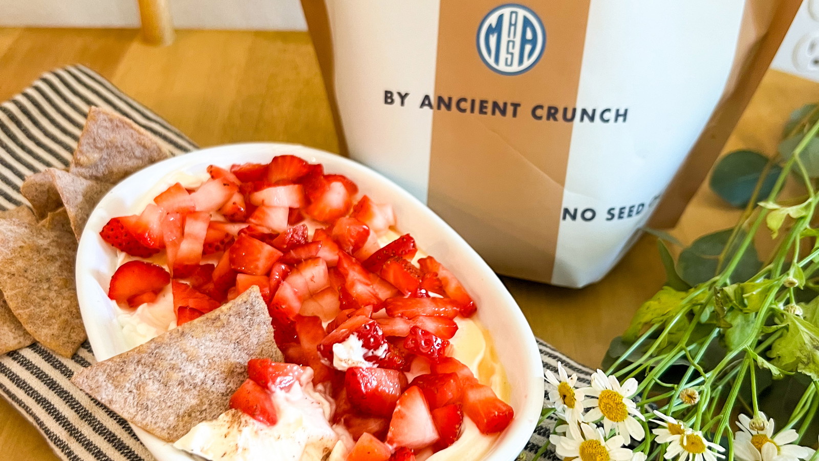 Whipped Strawberry Dip with a cloud-like texture served with fresh strawberries and MASA Churro