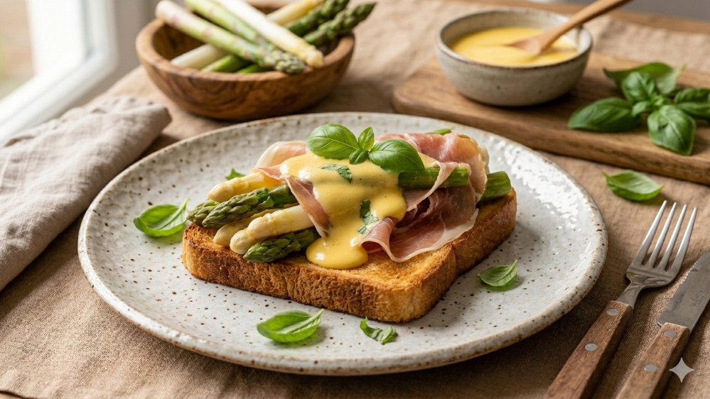 Image of Knuspriger Spargel-Toast mit Parmaschinken und Hollandaise