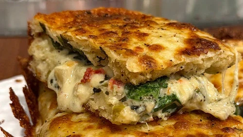 Spinach Dip Stuffed Detroit Style Pizza