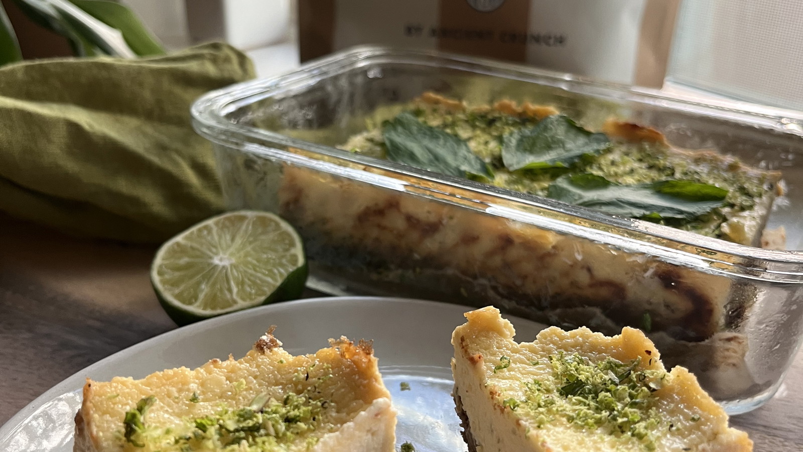 Churro Lime Cheesecake Bars with a wholesome, grain-free crust using MASA Churro, dates, and a custom nut-and-seed blend.