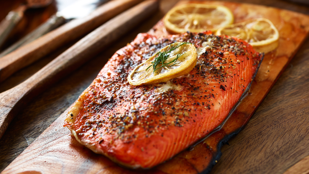 Image of Garlic Peppercorn Cedar-Plank Salmon with Mustard Cream Sauce