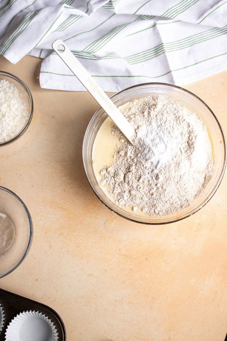 Image of Add in yours flours, baking powder and pinch of salt....