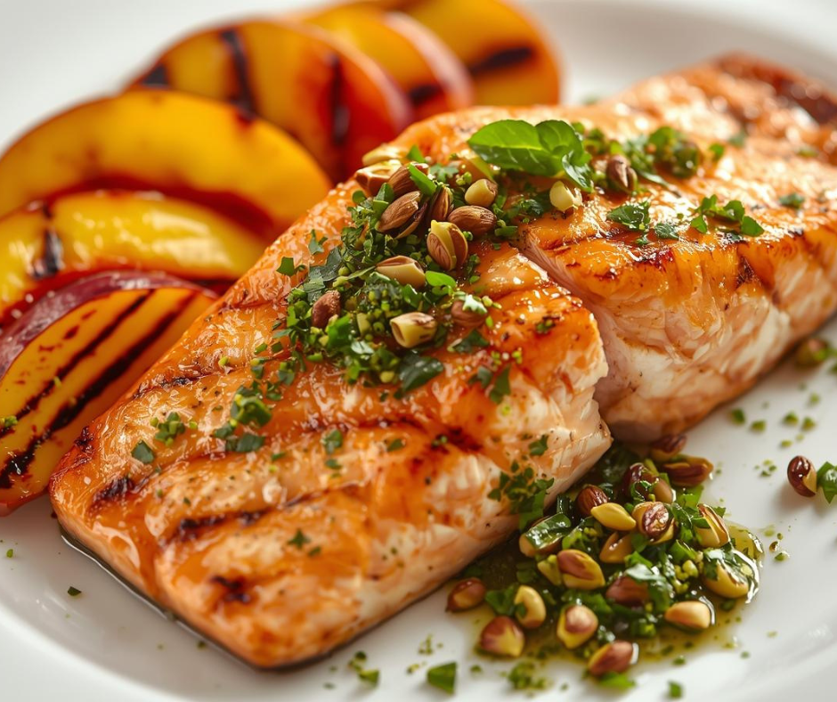 Grilled Salmon and Peaches with Basil-Pistachio Gremolata