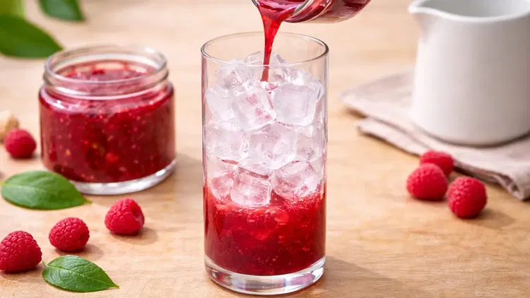 Image of Fill a tall glass with ice cubes. Pour the raspberry...