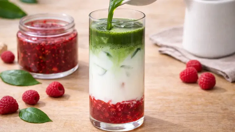 Image of Gently pour the prepared matcha over the milk. Watch the...