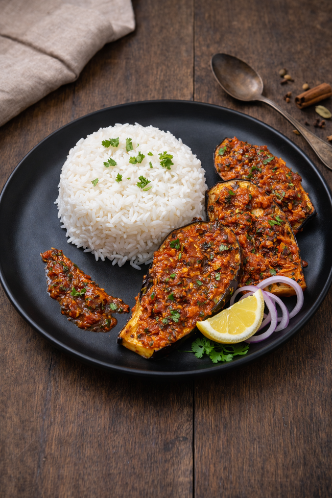Spiced roasted eggplant with tomato masala served with steamed rice, lemon, and onion on a black plate