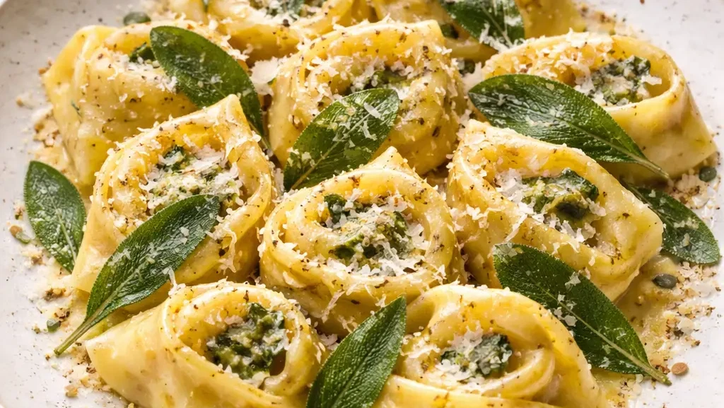 Frische Tortellacci mit Ricotta-Spinat-Füllung in Salbeibutter mit geriebenem Parmigiano Reggiano und knusprigen Salbeiblättern