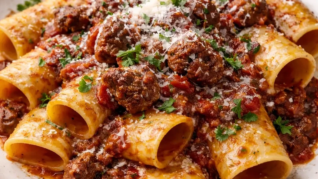 Paccheri Pasta mit langsam geschmortem Rinderragout und frisch geriebenem Parmigiano Reggiano auf einem Teller