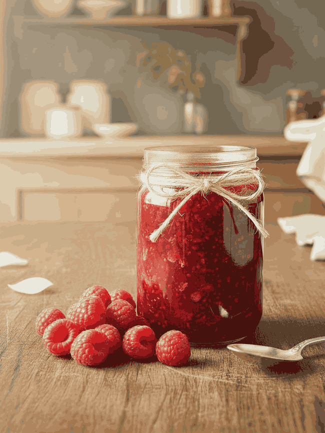 Raspberry & Rosewater Jam Recipe in a bright kitchen setting.