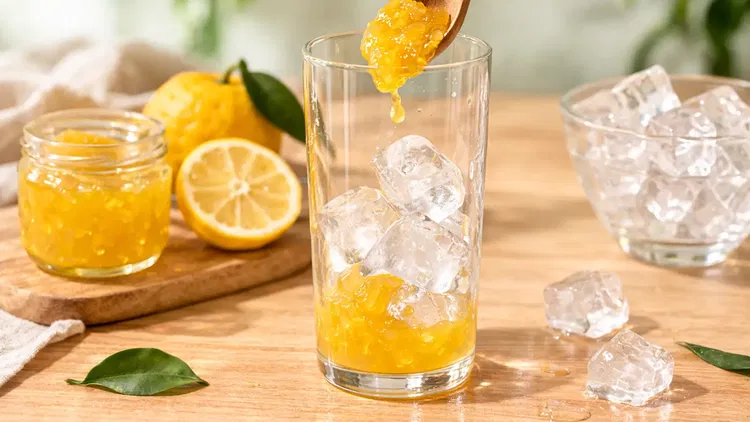 Image of Add 2–3 tablespoons of yuzu jam to a tall glass....