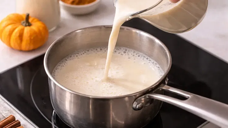 Image of In a small saucepan, gently warm the almond milk over...