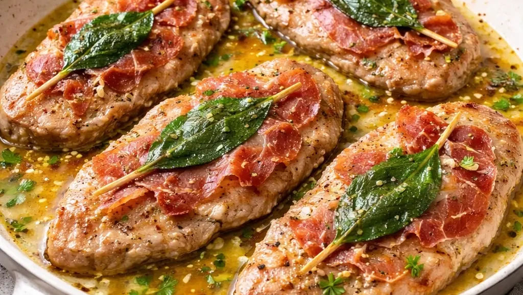 Saltimbocca alla Romana mit Kalbfleisch, Prosciutto und frischem Salbei – klassisches italienisches Fleischgericht