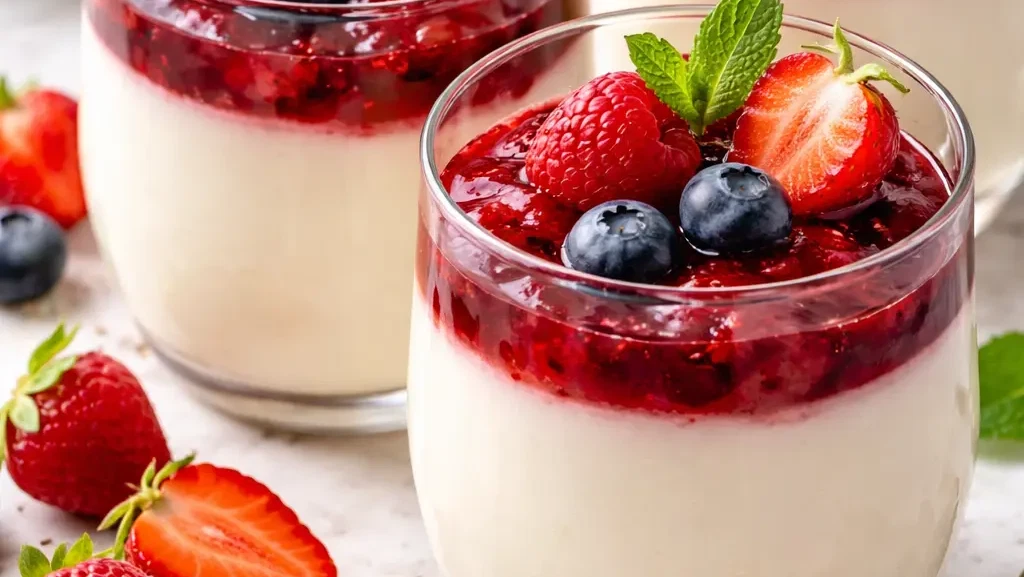 Cremige Panna Cotta mit Beerensauce und frischen Himbeeren – klassisches italienisches Dolce