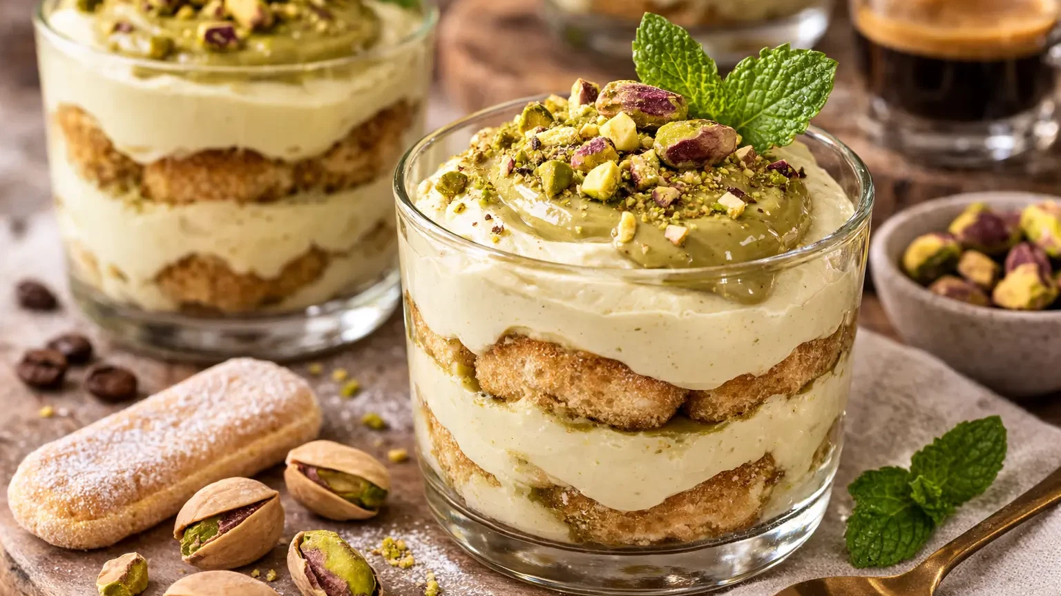 Cremiges Pistazien Tiramisu im Glas mit Mascarpone, Löffelbiskuits und Pistaziencreme