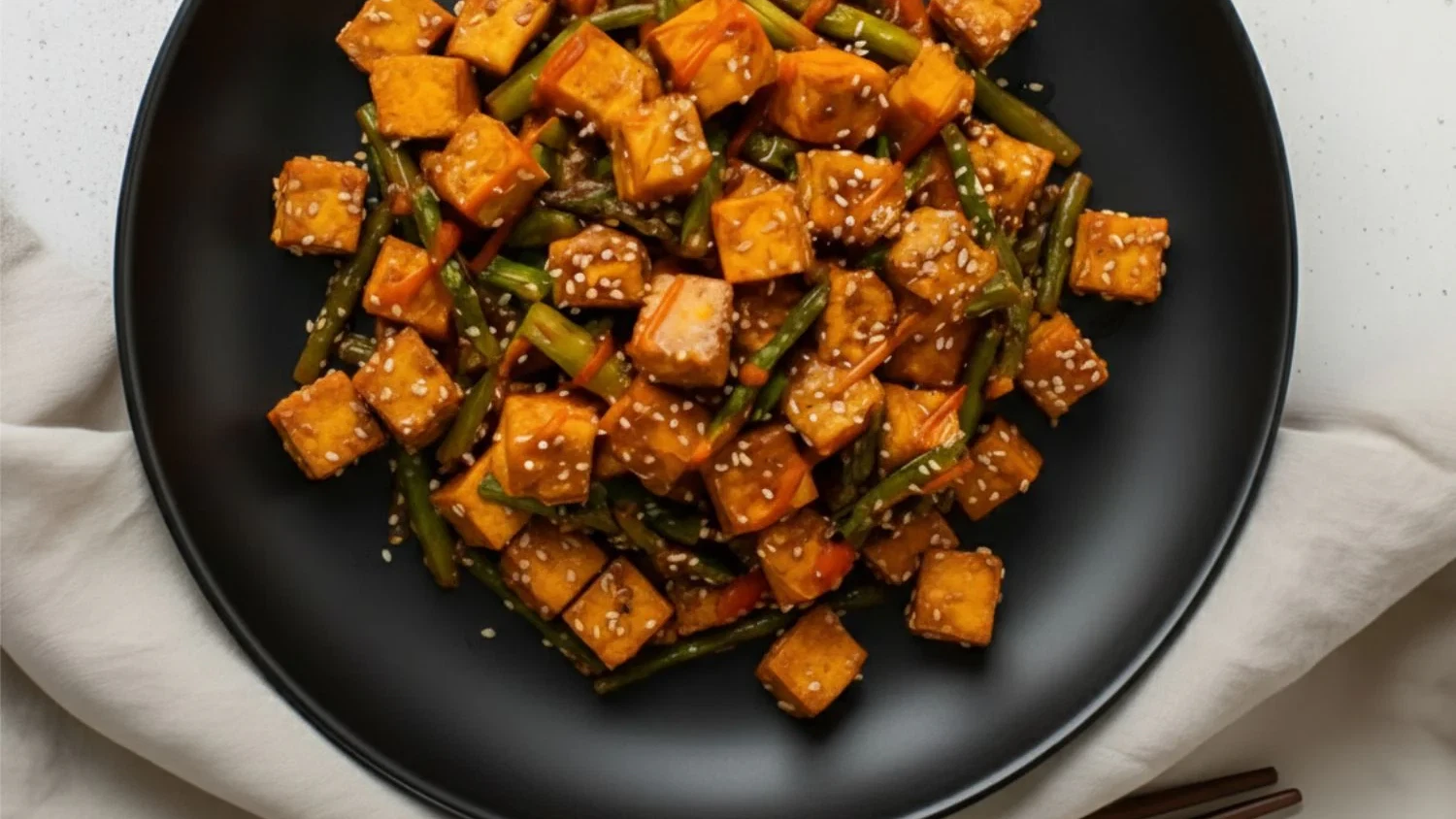 Image of Salteado vegano de tofu crujiente y espárragos en wok