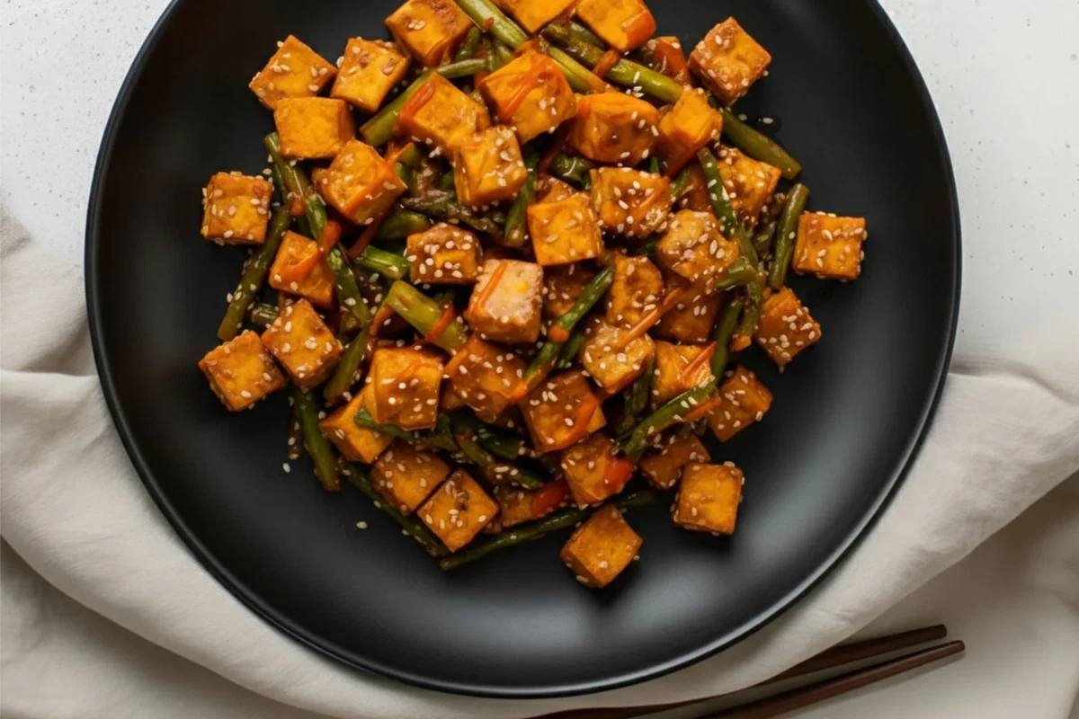 Salteado vegano de tofu crujiente y espárragos en wok