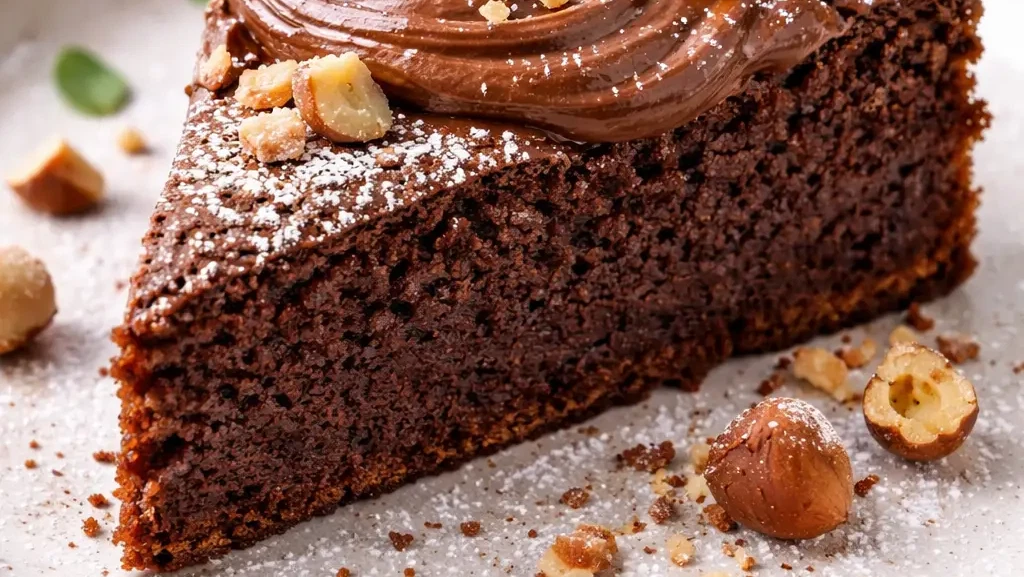 Saftiger Haselnuss-Schokoladenkuchen mit Nougatcreme und gerösteten Haselnüssen
