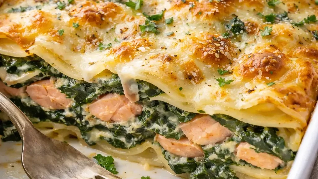 Cremige Lachs-Spinat Lasagne mit Parmigiano Reggiano aus dem Ofen