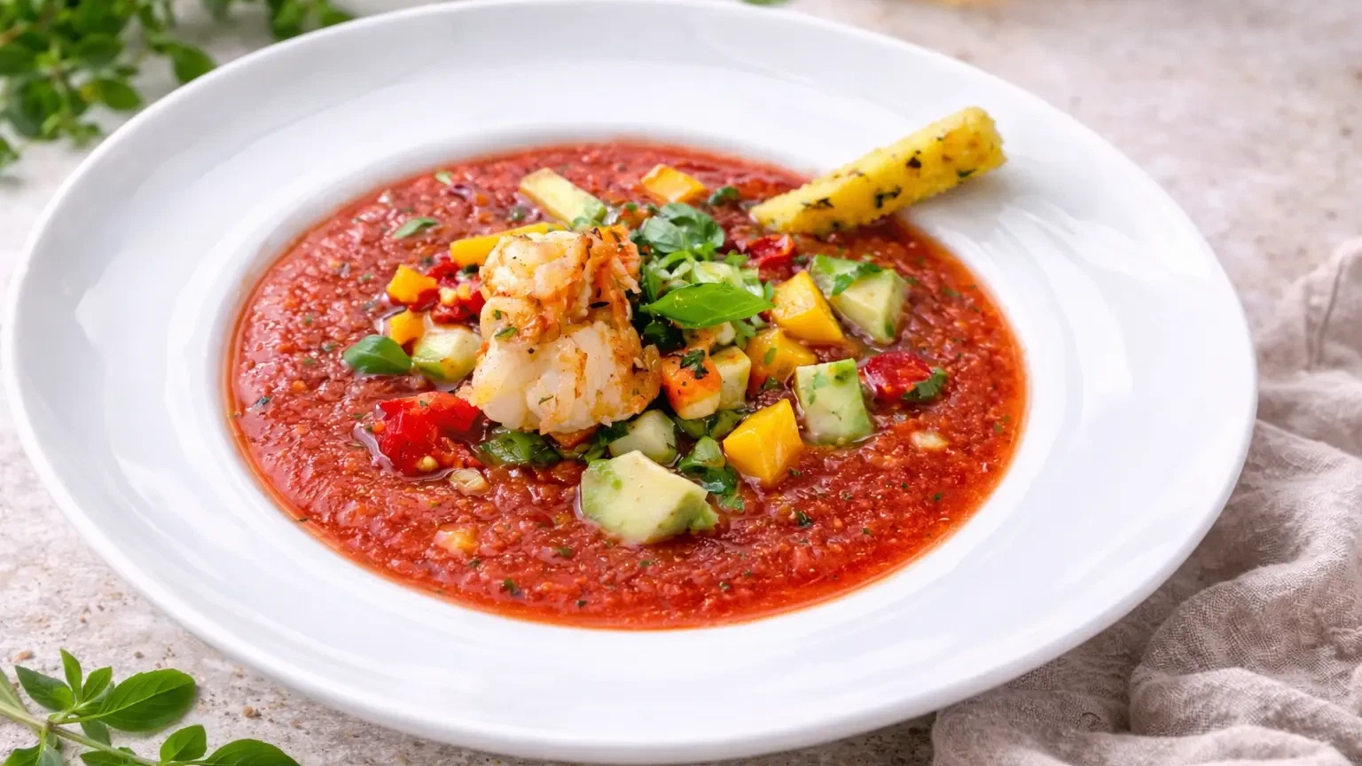 Kalte Tomatensuppe mit Garnelen, Avocado und frischem Gemüse