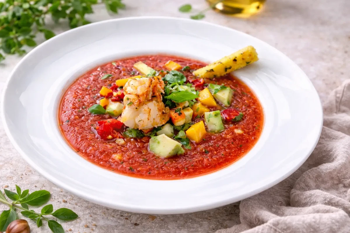 Kalte Tomaten-Gemüse-Suppe mit Garnelen & Avocado