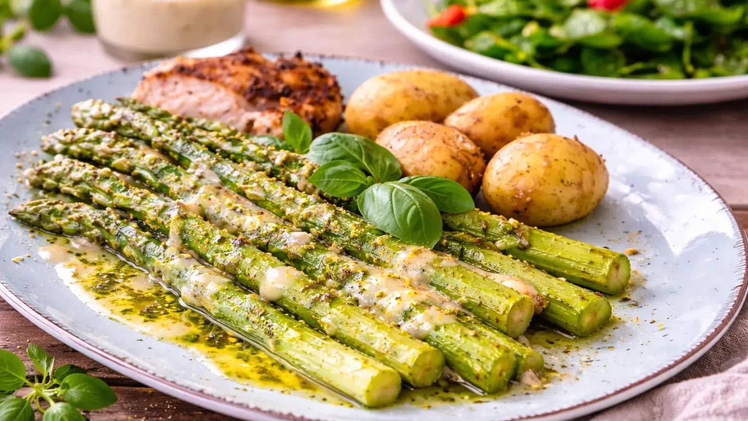 Grüner Spargel mit cremiger Beurre-Blanc-Sauce und Spargelöl auf Teller angerichtet