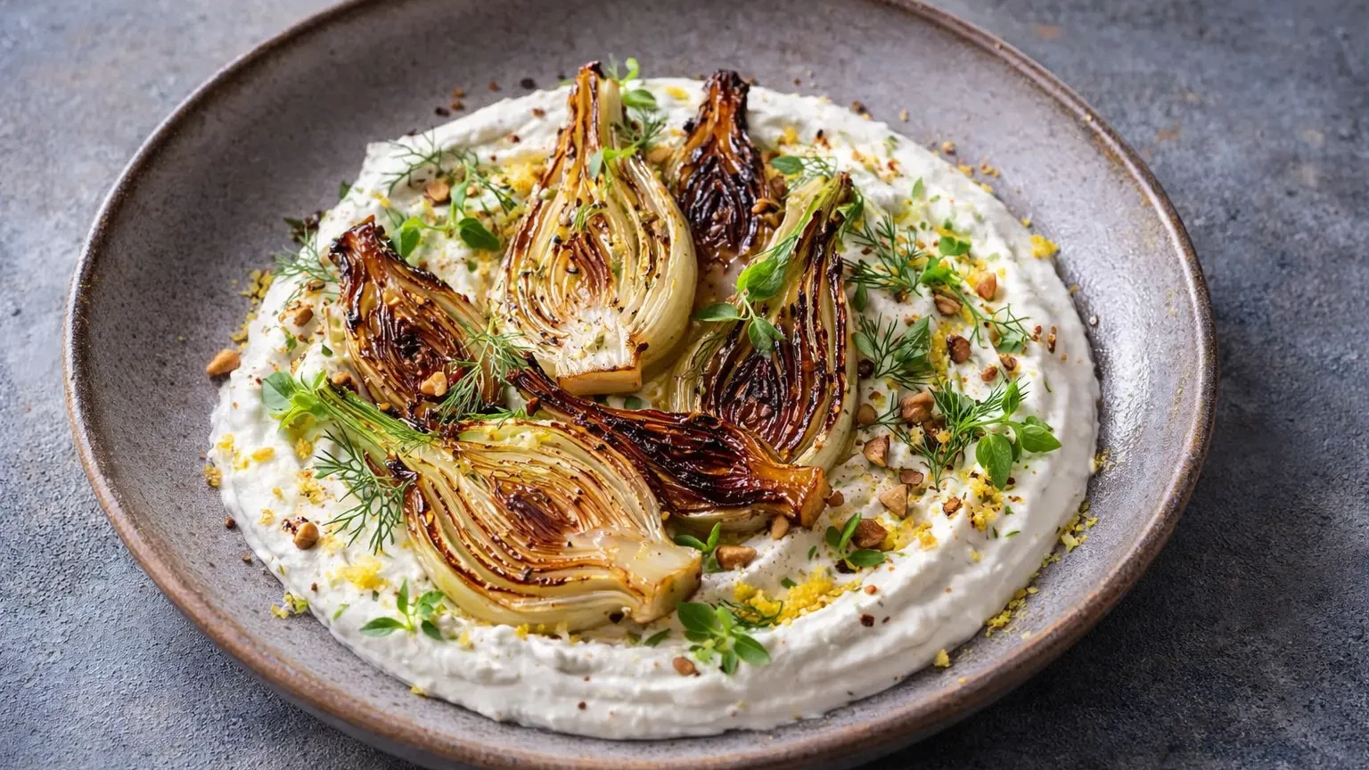 Gerösteter Fenchel auf cremigem Whipped Feta mit Zitronen-Olivenöl und frischen Kräutern