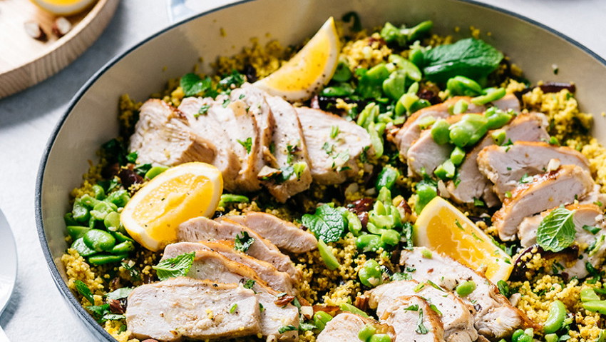 Image of One-Pan Cumin Chicken With Orange couscous, Dates And Almonds - Dish
