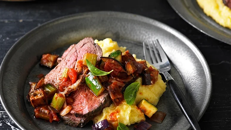 Image of Roasted Rump Cap with Eggplant and Caponata Sauce