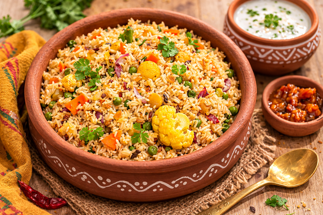 Vegetable pulao served in a rustic clay pot, garnished with fresh coriander and surrounded by traditional Indian sides like raita, pickle, and lemon wedges on a wooden table with a colorful cloth background.